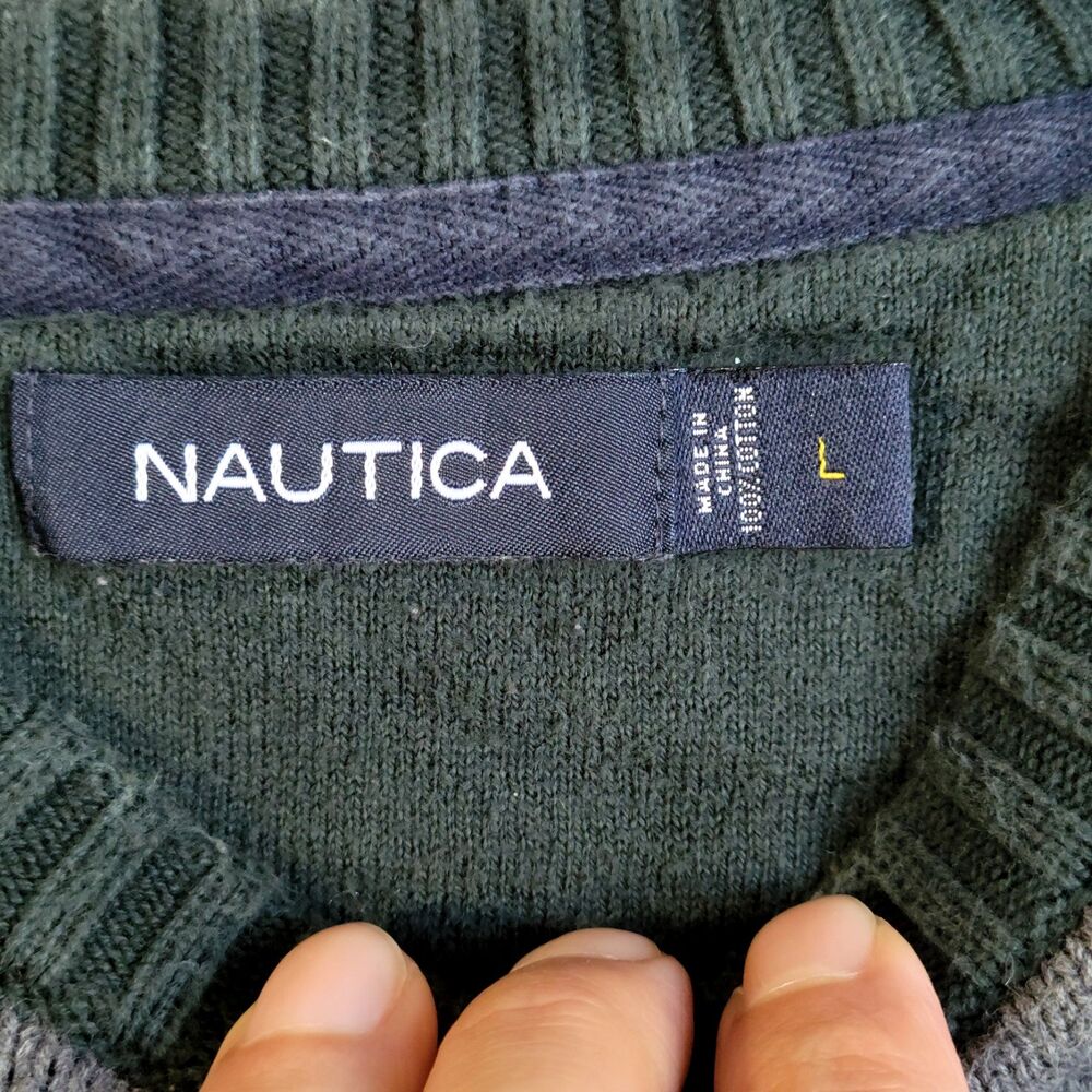 Nautica Large Cotton VTG 90s Y2K Crew Sweater Mens Striped Green Ribbed Pullover - Picture 3 of 5